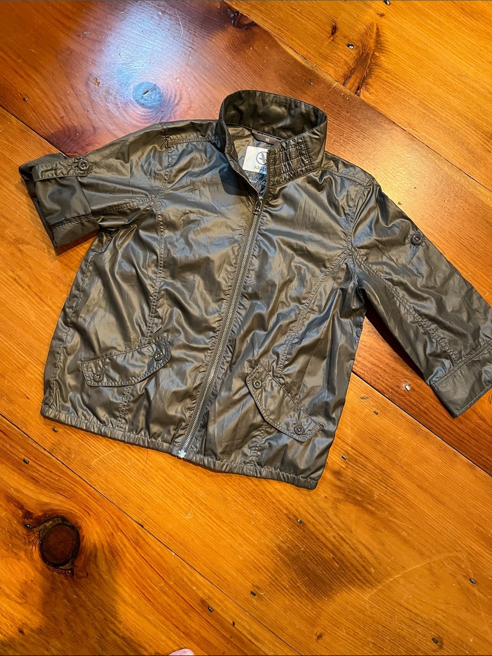 AIGLE 36 High Sheen Mock Neck Rain Wind Jacket Roll Cuff Full Zip Up